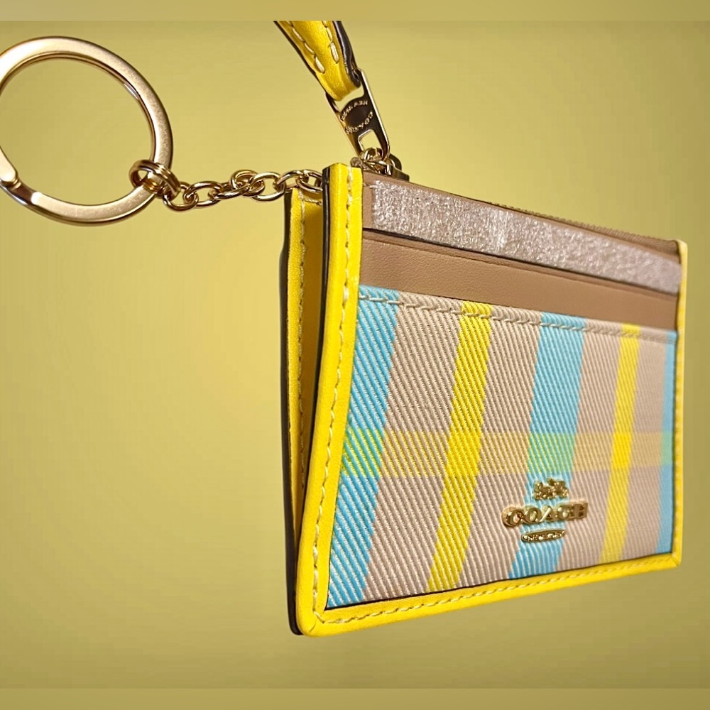 Coach NWT Leather &Canvas CHOOSE PINK orYELLOW Slim Plaid Card Holder/keychain - Picture 9 of 14